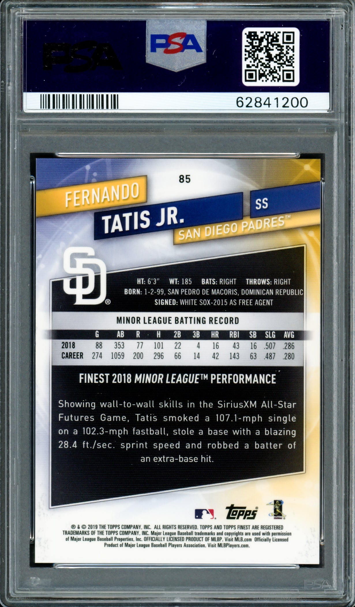 Fernando Tatis Jr. Autographed 2019 Topps Finest Purple Refractor Rookie Card #85 San Diego Padres PSA 9 Auto Grade Gem Mint 10 #99/250 PSA/DNA #62841200