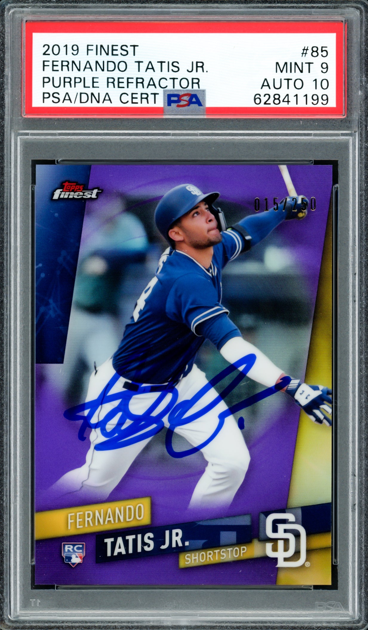 Fernando Tatis Jr. Autographed 2019 Topps Finest Purple Refractor Rookie Card #85 San Diego Padres PSA 9 Auto Grade Gem Mint 10 #15/250 PSA/DNA #62841199