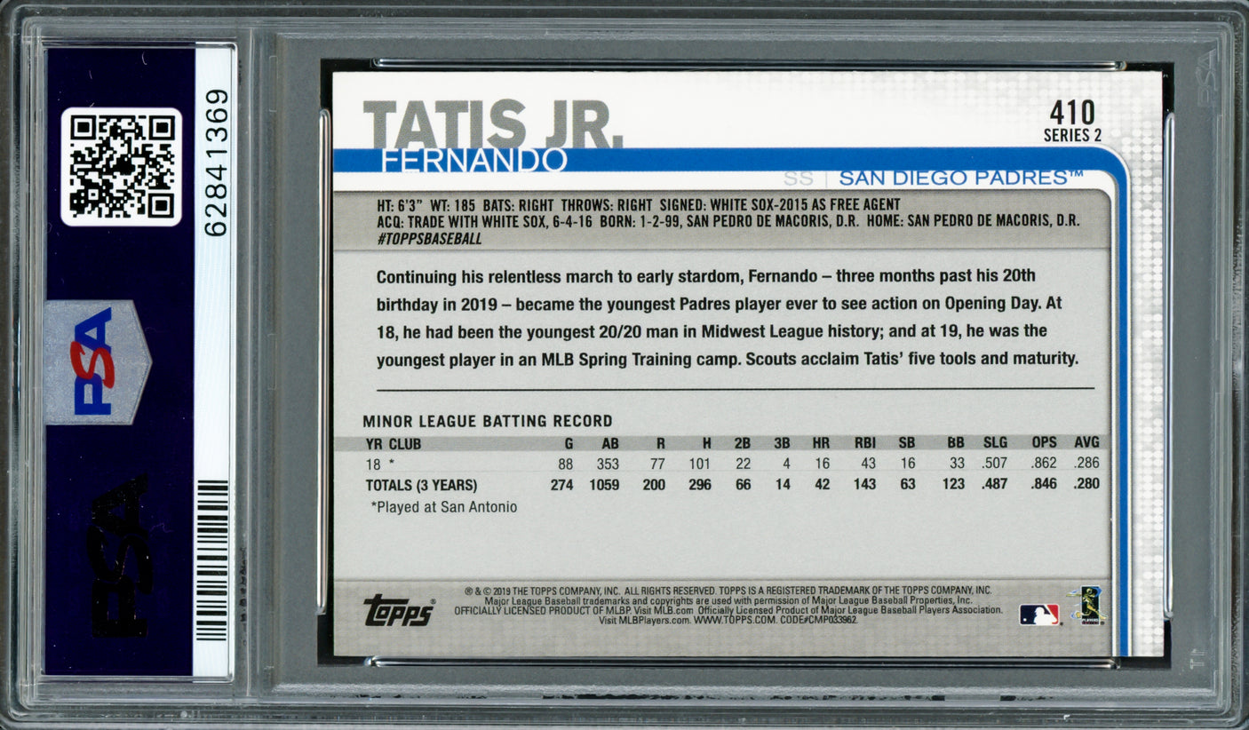Fernando Tatis Jr. Autographed 2019 Topps Rookie Card #410 San Diego Padres PSA 9 Auto Grade Mint 9 PSA/DNA #62841369