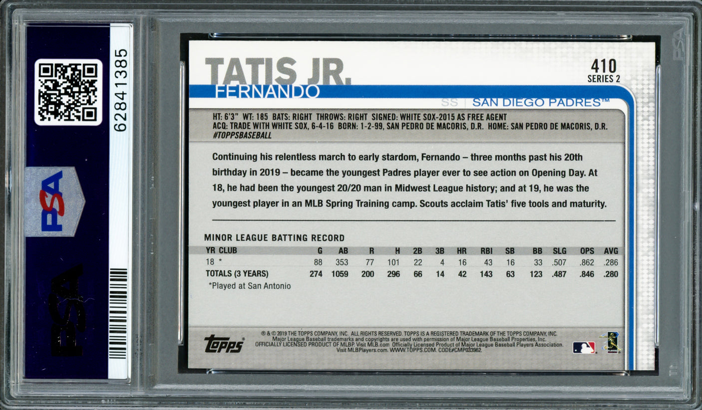 Fernando Tatis Jr. Autographed 2019 Topps Rookie Card #410 San Diego Padres PSA 7 Auto Grade Gem Mint 10 PSA/DNA #62841385