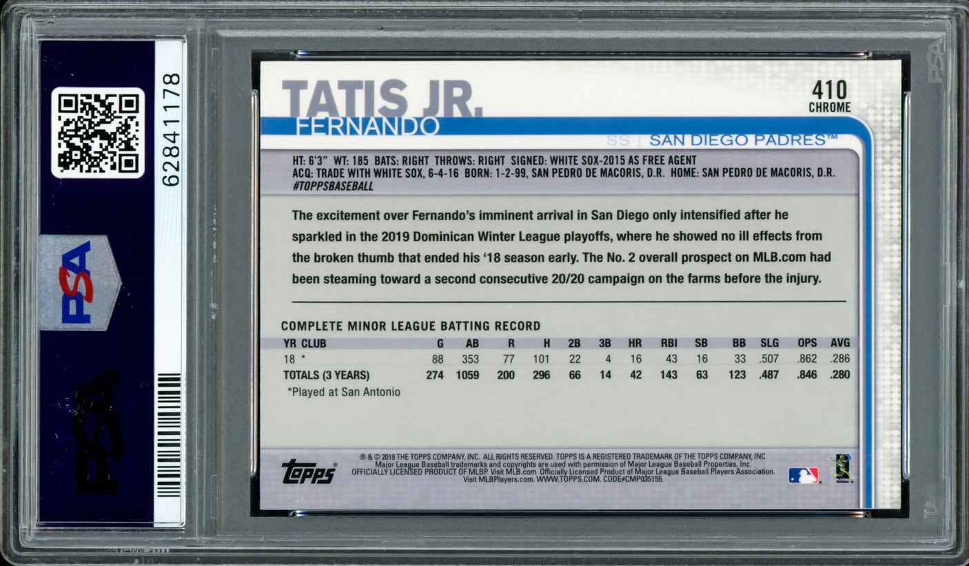 Fernando Tatis Jr. Autographed 2019 Topps Chrome Complete Set Rookie Card #410 San Diego Padres PSA 9 Auto Grade Gem Mint 10 PSA/DNA #62841178