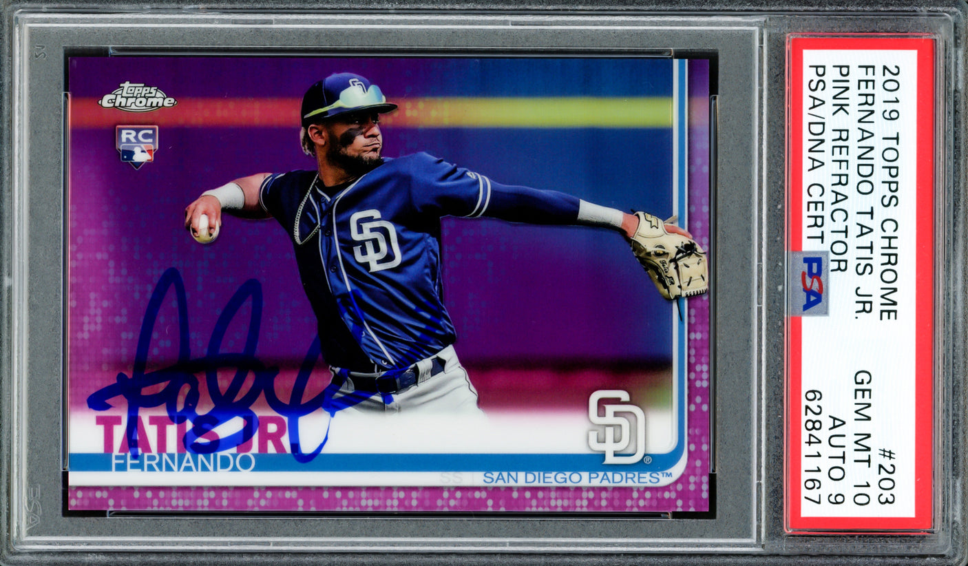 Fernando Tatis Jr. Autographed 2019 Topps Chrome Pink Refractor Rookie Card #203 San Diego Padres PSA 10 Auto Grade Mint 9 PSA/DNA #62841167