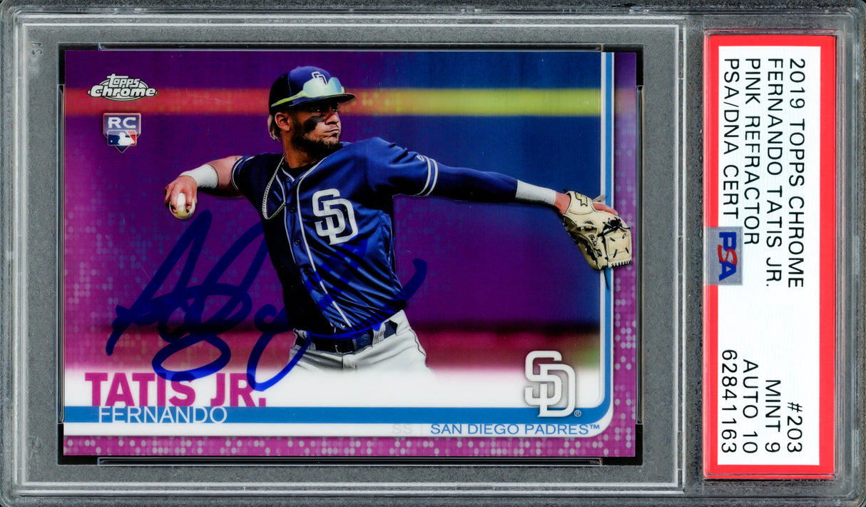 Fernando Tatis Jr. Autographed 2019 Topps Chrome Pink Refractor Rookie Card #203 San Diego Padres PSA 9 Auto Grade Gem Mint 10 PSA/DNA #62841163