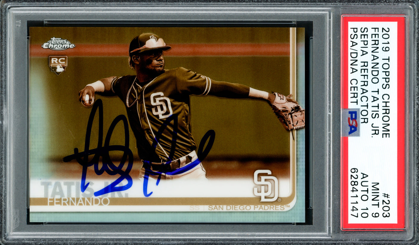 Fernando Tatis Jr. Autographed 2019 Topps Chrome Sepia Refractor Rookie Card #203 San Diego Padres PSA 9 Auto Grade Gem Mint 10 PSA/DNA #62841147