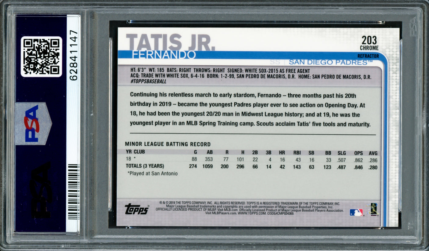 Fernando Tatis Jr. Autographed 2019 Topps Chrome Sepia Refractor Rookie Card #203 San Diego Padres PSA 9 Auto Grade Gem Mint 10 PSA/DNA #62841147