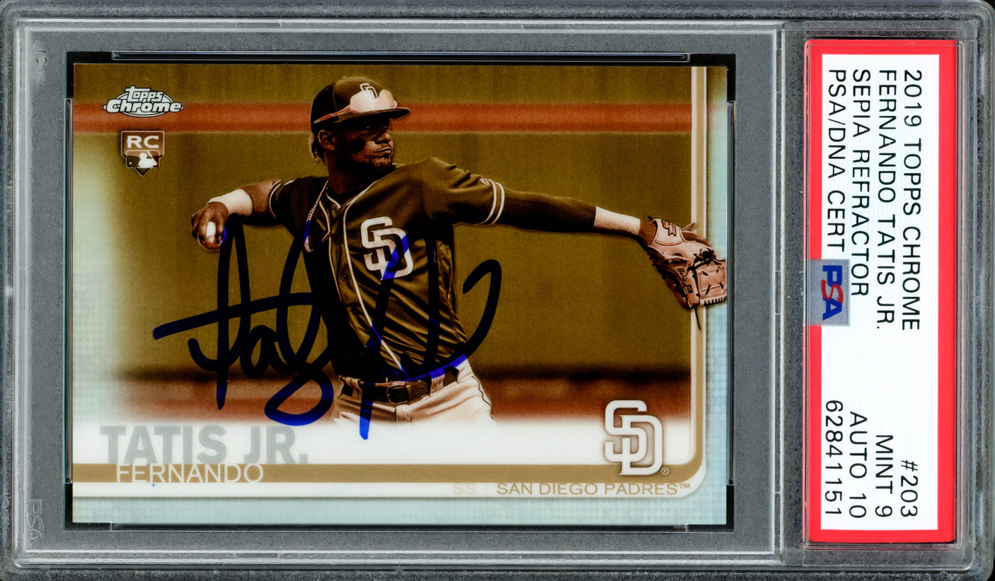 Fernando Tatis Jr. Autographed 2019 Topps Chrome Sepia Refractor Rookie Card #203 San Diego Padres PSA 9 Auto Grade Gem Mint 10 PSA/DNA #62841151