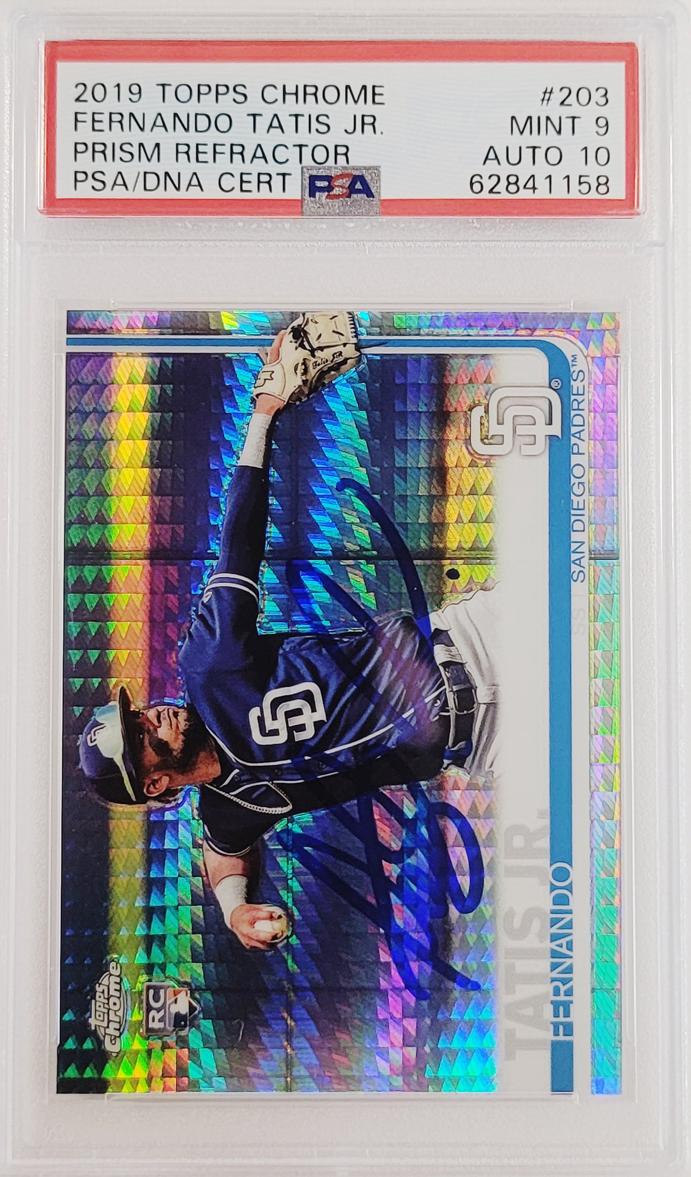 Fernando Tatis Jr. Autographed 2019 Topps Chrome Prism Refractor Rookie Card #203 San Diego Padres PSA 9 Auto Grade Gem Mint 10 PSA/DNA #62841158