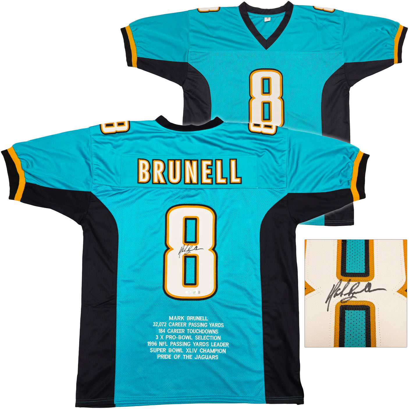 Jacksonville Jaguars Mark Brunell Autographed Teal Stat Jersey Beckett BAS QR Stock #234539