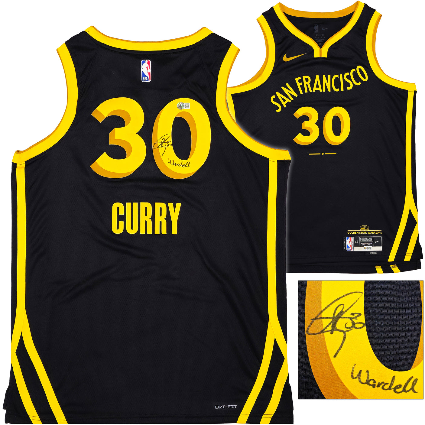 Golden State Warriors Stephen Curry Autographed Black Nike Swingman City Edition Jersey Size 48 "Wardell" Beckett BAS Witness Stock #234085