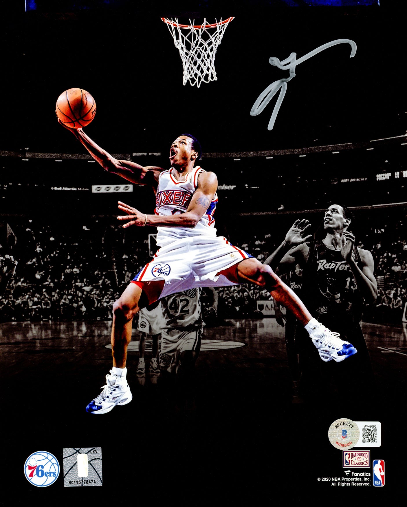 Allen Iverson Autographed 8x10 Photo Philadelphia 76ers Spotlight Layup Beckett BAS Witness Stock #220473