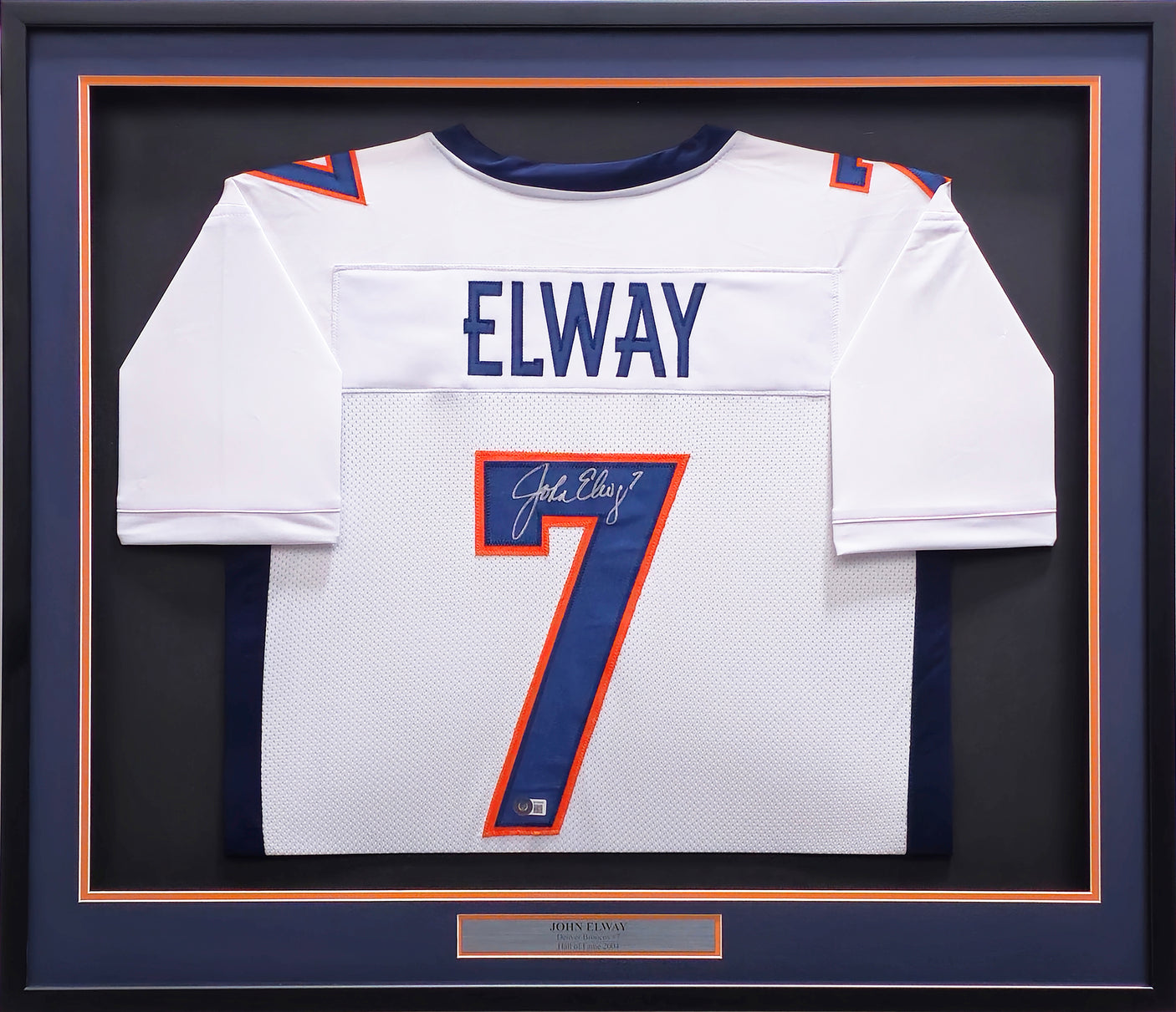 Denver Broncos John Elway Autographed Framed White & Blue Jersey Beckett BAS Witness Stock #233684
