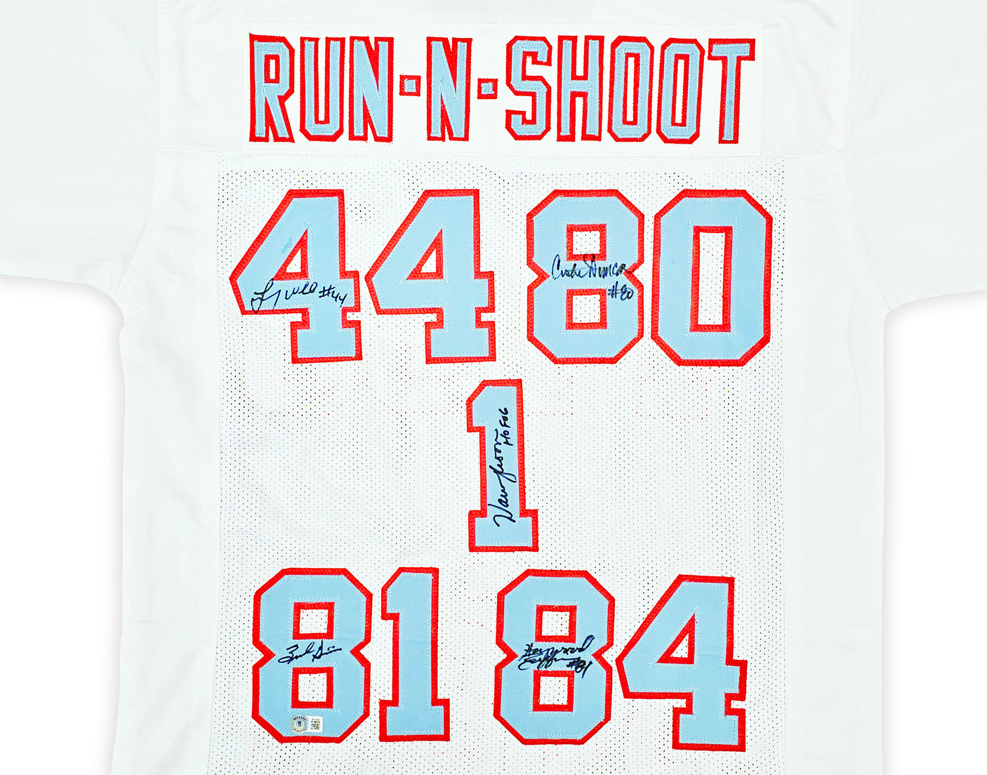 Houston Oilers Run & Shoot Autographed White Jersey With 5 Signatures Including Warren Moon Beckett BAS Witness Stock #220385