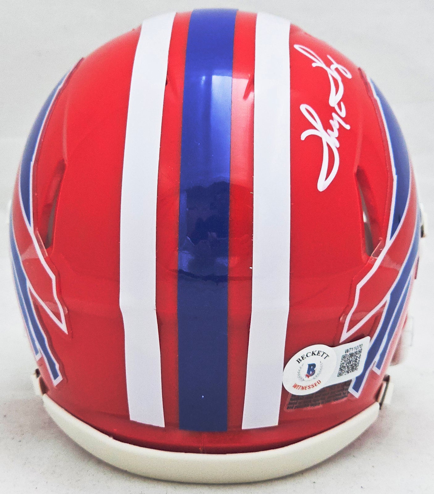 Thurman Thomas Autographed 87-01 Buffalo Bills Throwback Red Speed Mini Helmet Beckett BAS Witness Stock #220469
