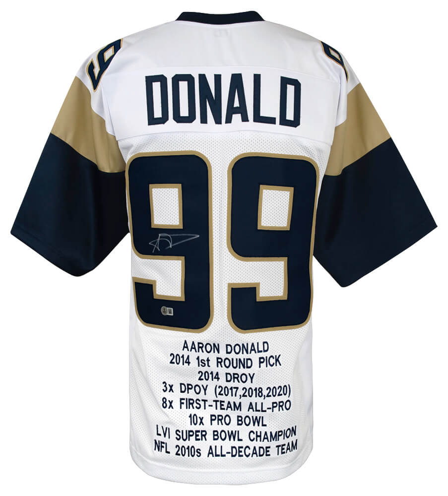 Aaron Donald Signed White Custom Embroidered Stat Football Jersey - (Beckett)