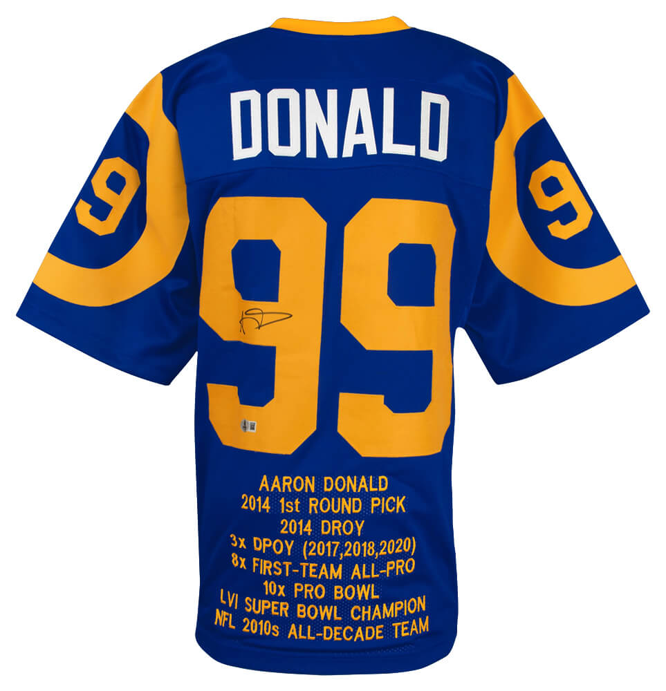 Aaron Donald Signed Blue Throwback Custom Embroidered Stat Football Jersey - (Beckett)