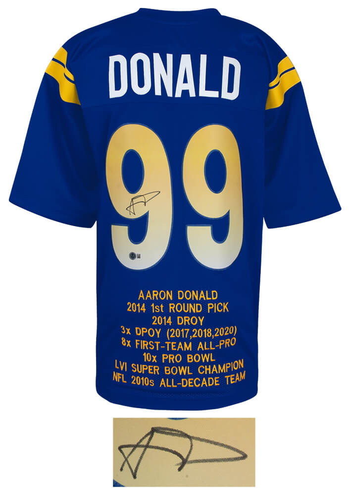 Aaron Donald Signed Blue Custom Embroidered Stat Football Jersey - (Beckett)