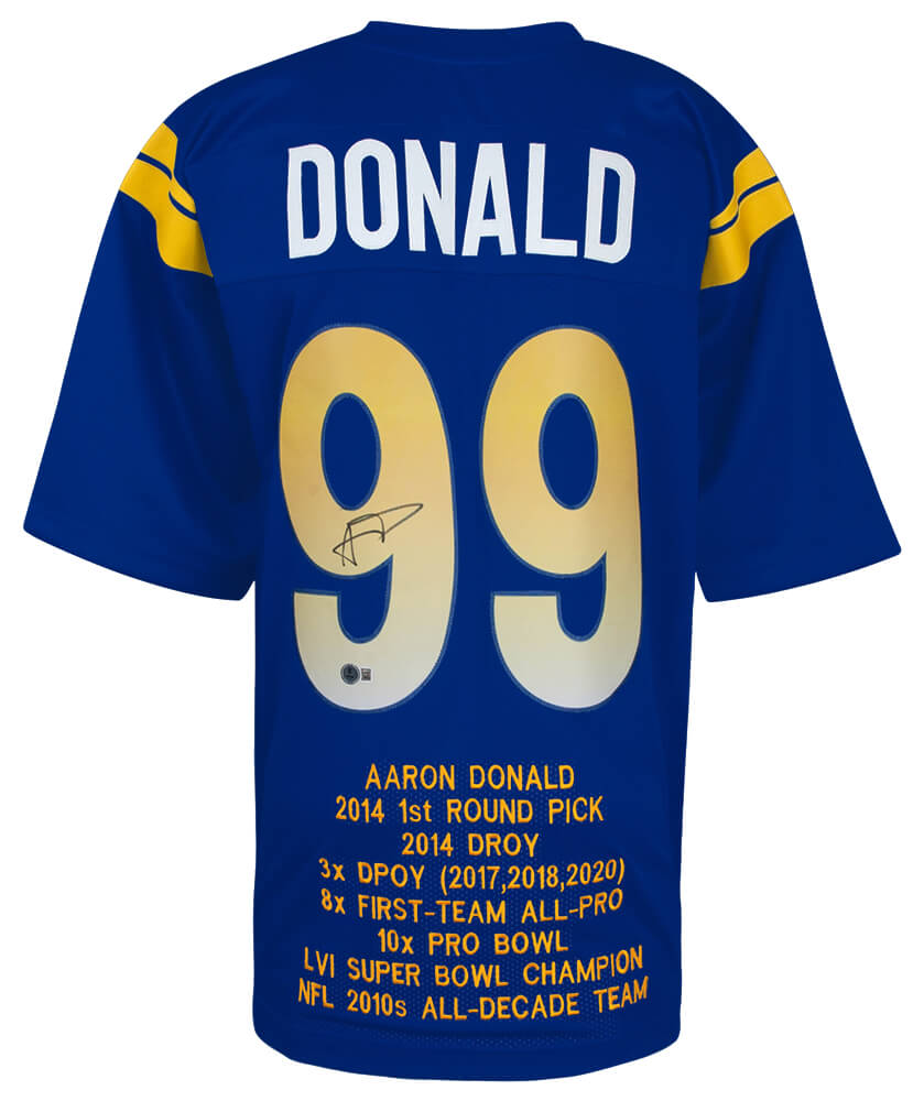 Aaron Donald Signed Blue Custom Embroidered Stat Football Jersey - (Beckett)