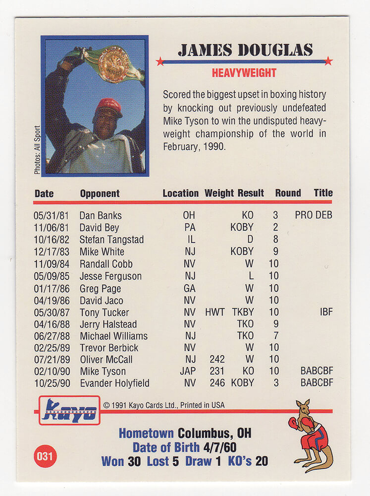 James Buster Douglas Signed 1991 Kayo Boxing Trading Card #31