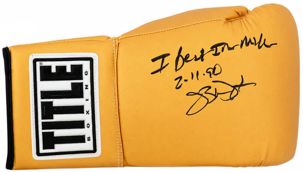 James Buster Douglas Signed Title Gold Boxing Glove w/I Beat Iron Mike 2-11-90