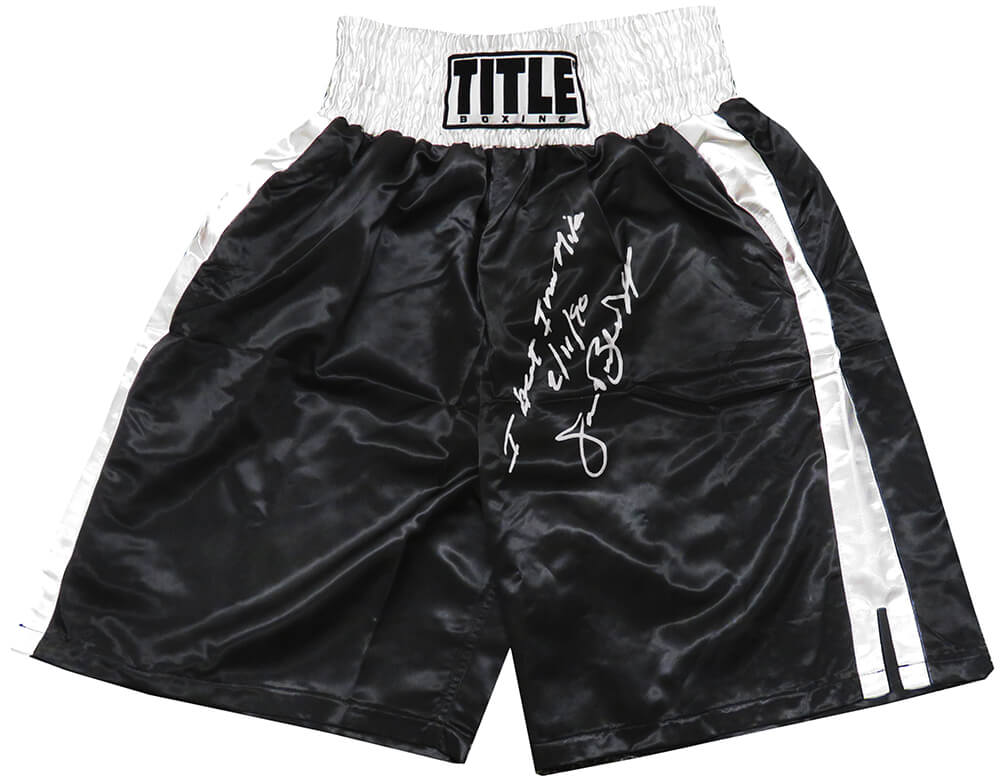 James Buster Douglas Signed Title Black & White Trim Boxing Trunks w/I Beat Iron Mike 2-11-90