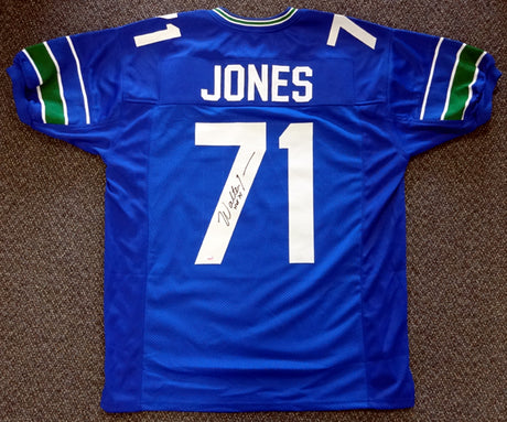 Seattle Seahawks Walter Jones Autographed Blue Jersey "HOF '14" MCS Holo Stock #72404