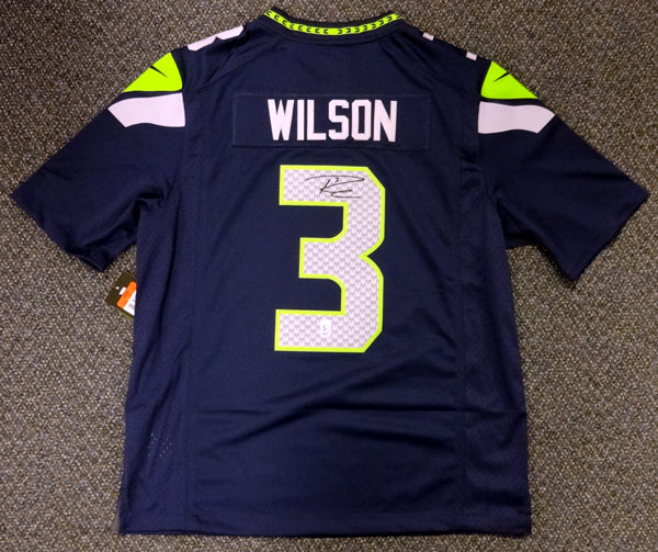 Seattle Seahawks Russell Wilson Autographed Blue Nike Twill Jersey Size L RW Holo Stock #71430