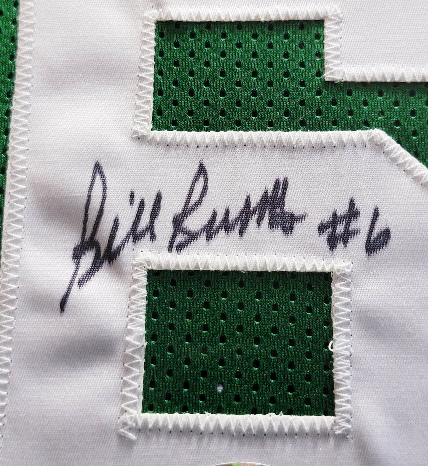Boston Celtics Bill Russell Autographed Framed Green Jersey JSA Stock #206951