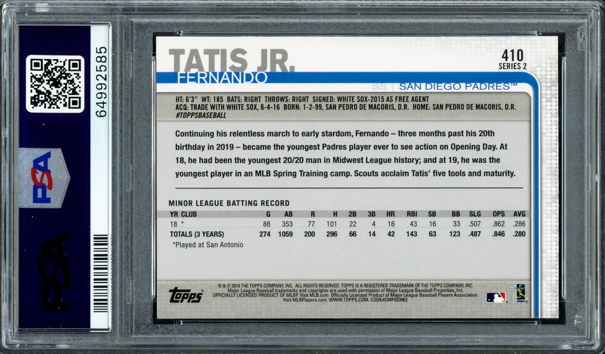 Fernando Tatis Jr. Autographed 2019 Topps Rookie Card #410 San Diego Padres PSA 9 Auto Grade Mint 9 PSA/DNA #64992585
