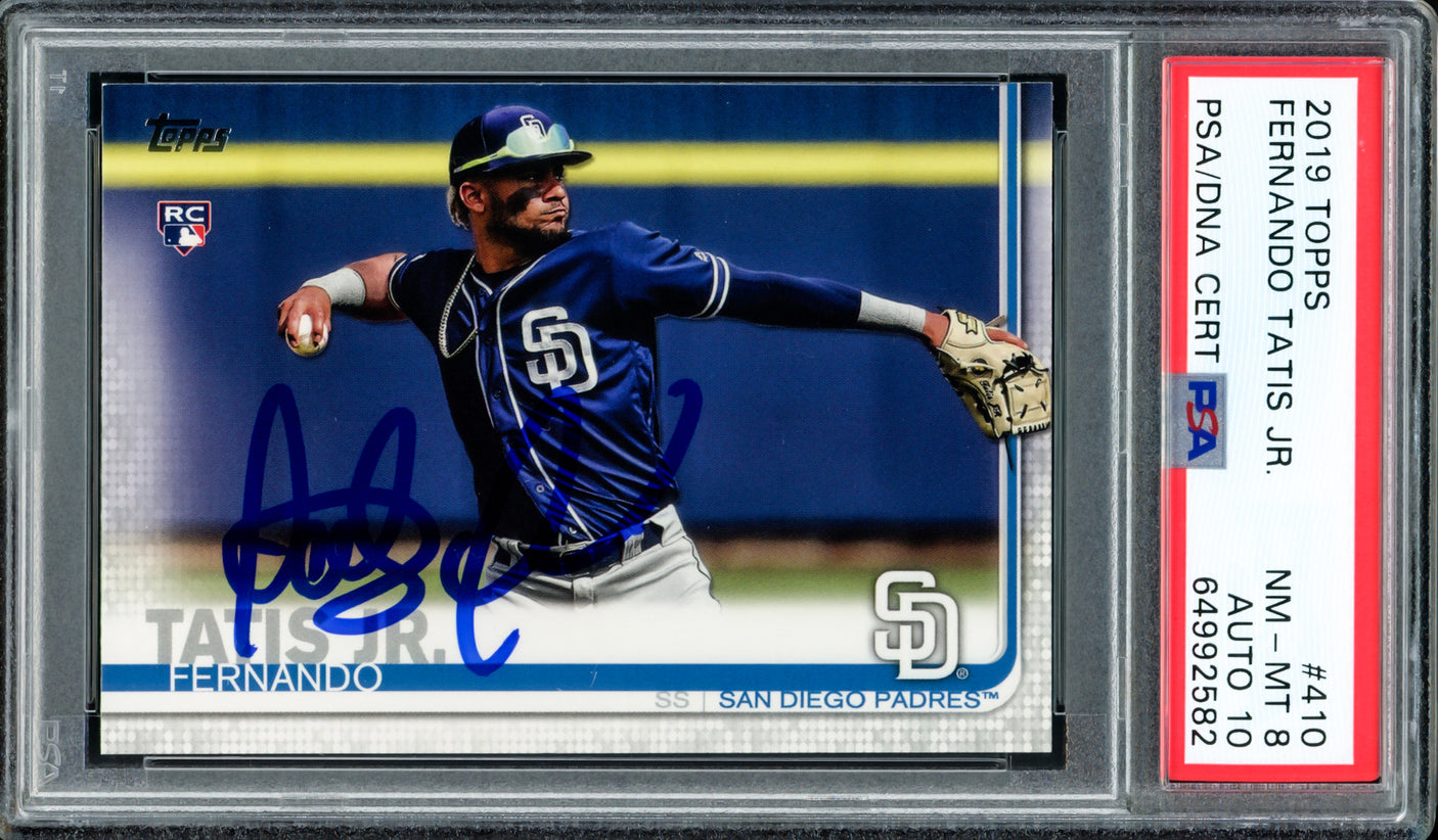 Fernando Tatis Jr. Autographed 2019 Topps Rookie Card #410 San Diego Padres PSA 8 Auto Grade Gem Mint 10 PSA/DNA #64992582