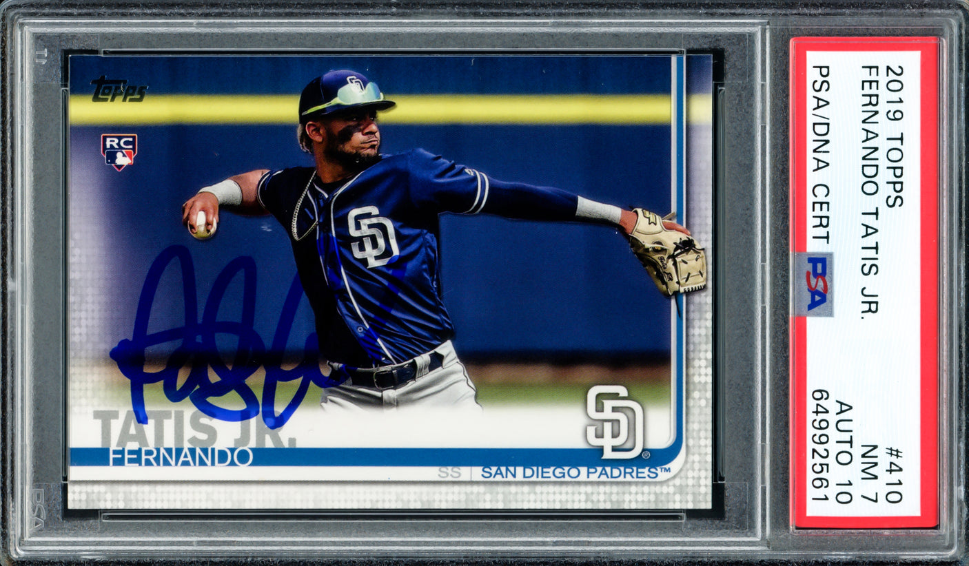 Fernando Tatis Jr. Autographed 2019 Topps Rookie Card #410 San Diego Padres PSA 7 Auto Grade Gem Mint 10 PSA/DNA #64992561