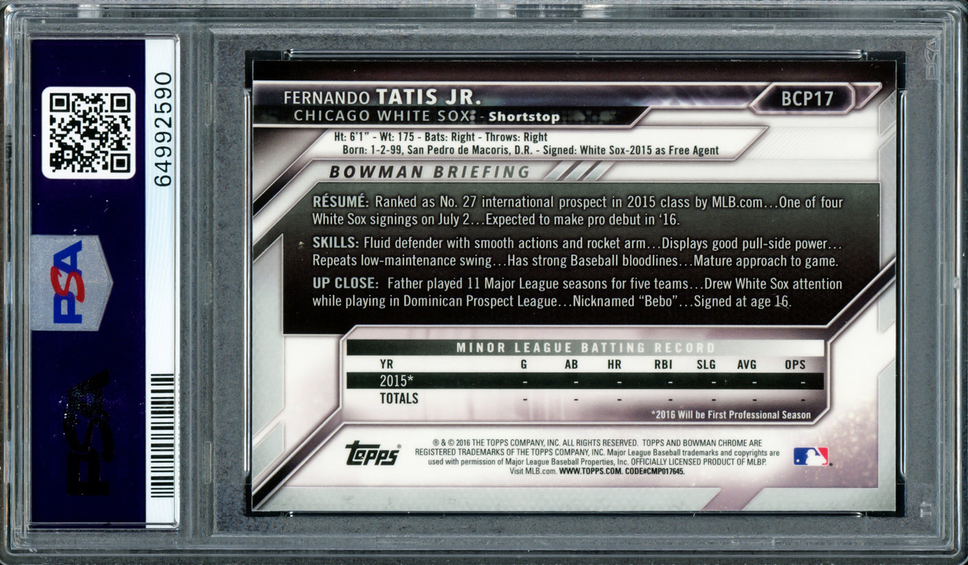 Fernando Tatis Jr. Autographed 2016 Bowman Chrome Rookie Card #BCP17 San Diego Padres PSA 8 Auto Grade Gem Mint 10 PSA/DNA #64992590
