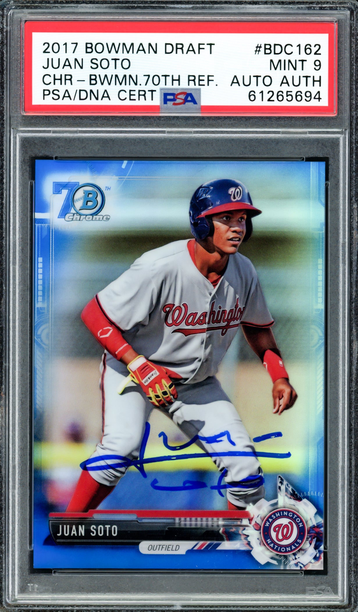 Juan Soto Autographed 2017 Bowman Draft Chrome 70th Refractor Rookie Card #BDC162 New York Mets PSA 9 #124/200 PSA/DNA #61265694