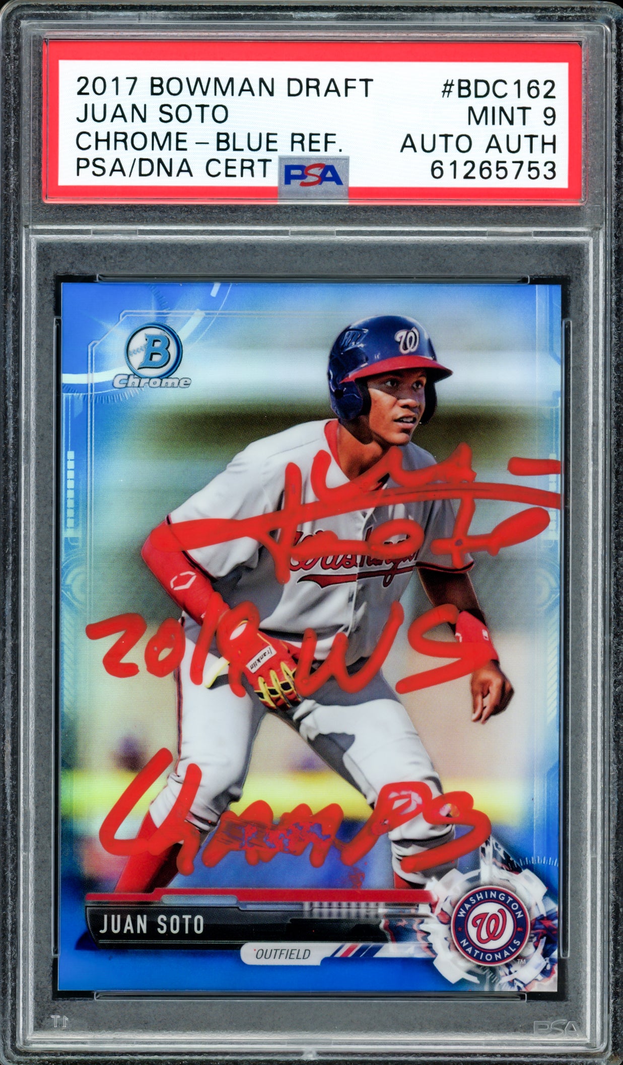 Juan Soto Autographed 2017 Bowman Draft Chrome Blue Refractor Rookie Card #BDC162 New York Mets PSA 9 "2019 WS Champs" #49/150 PSA/DNA #61265753