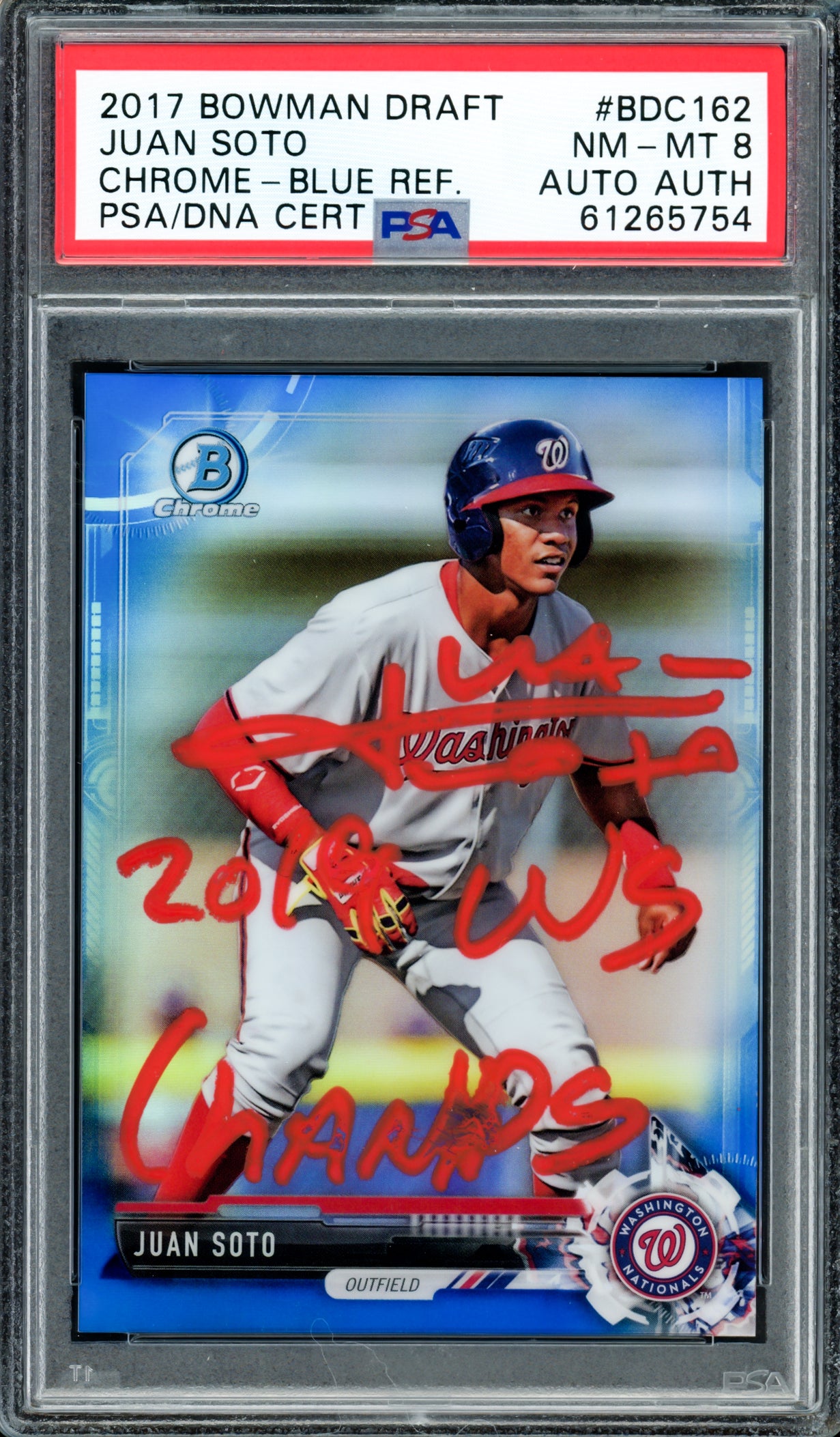 Juan Soto Autographed 2017 Bowman Draft Chrome Blue Refractor Rookie Card #BDC162 New York Mets PSA 8 "2019 WS Champs" #84/150 PSA/DNA #61265754