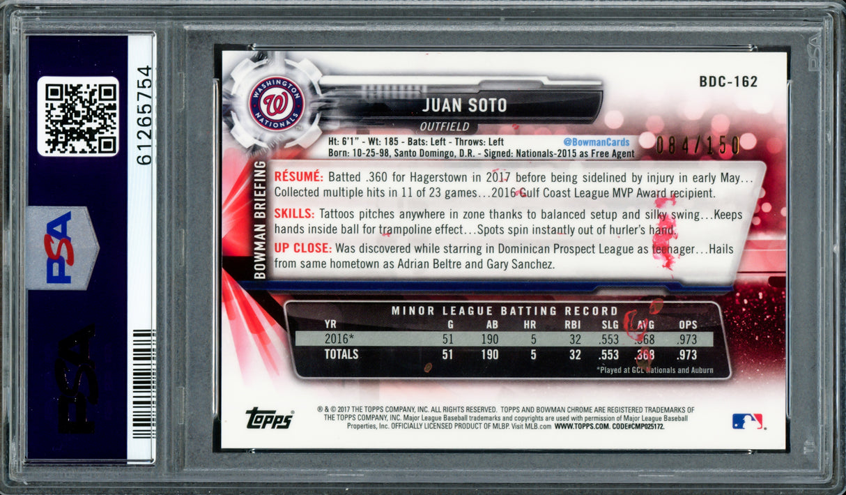 Juan Soto Autographed 2017 Bowman Draft Chrome Blue Refractor Rookie Card #BDC162 New York Mets PSA 8 "2019 WS Champs" #84/150 PSA/DNA #61265754