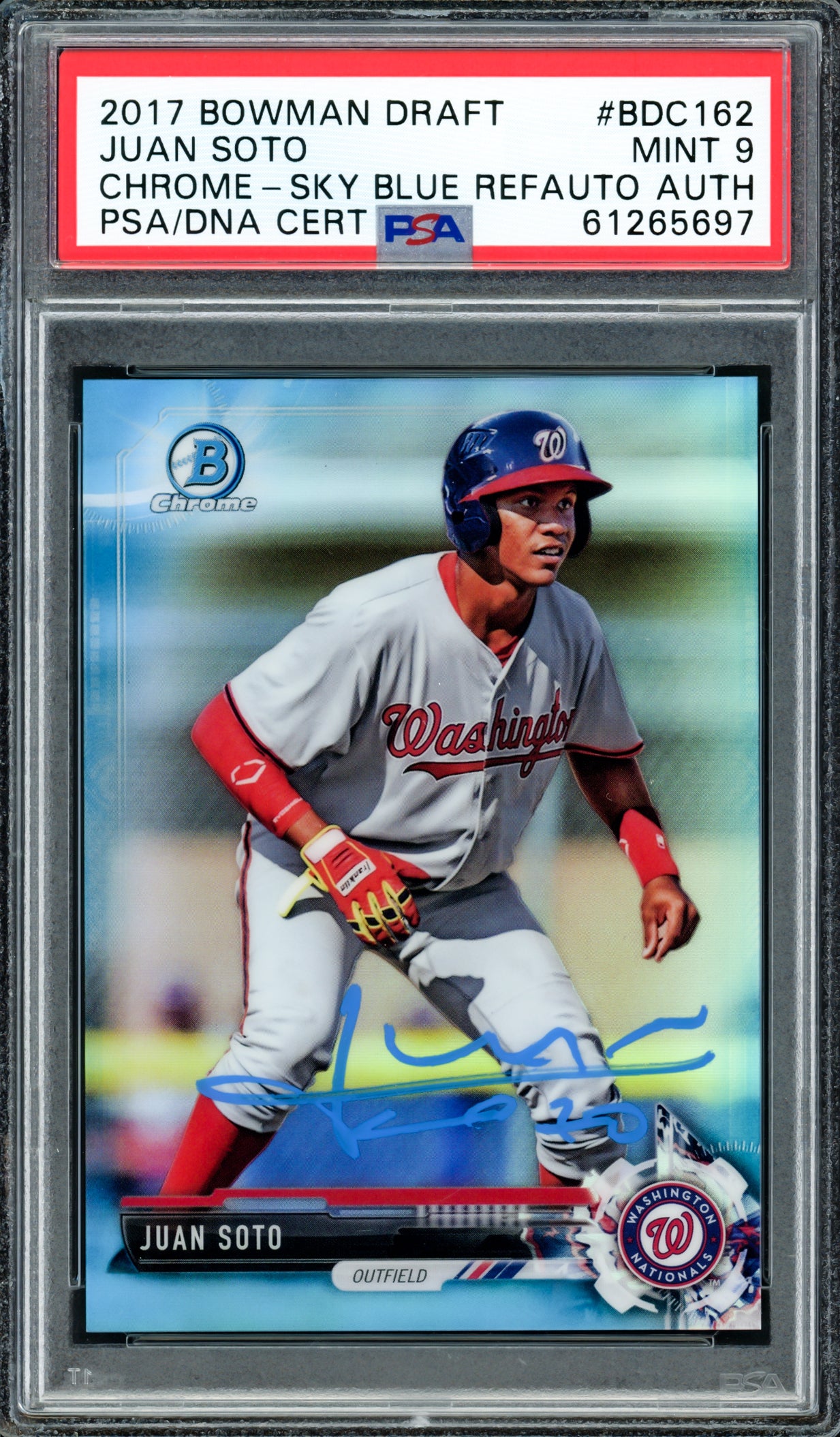 Juan Soto Autographed 2017 Bowman Draft Chrome Sky Blue Refractor Rookie Card #BDC162 New York Mets PSA 9 #142/399 PSA/DNA #61265697