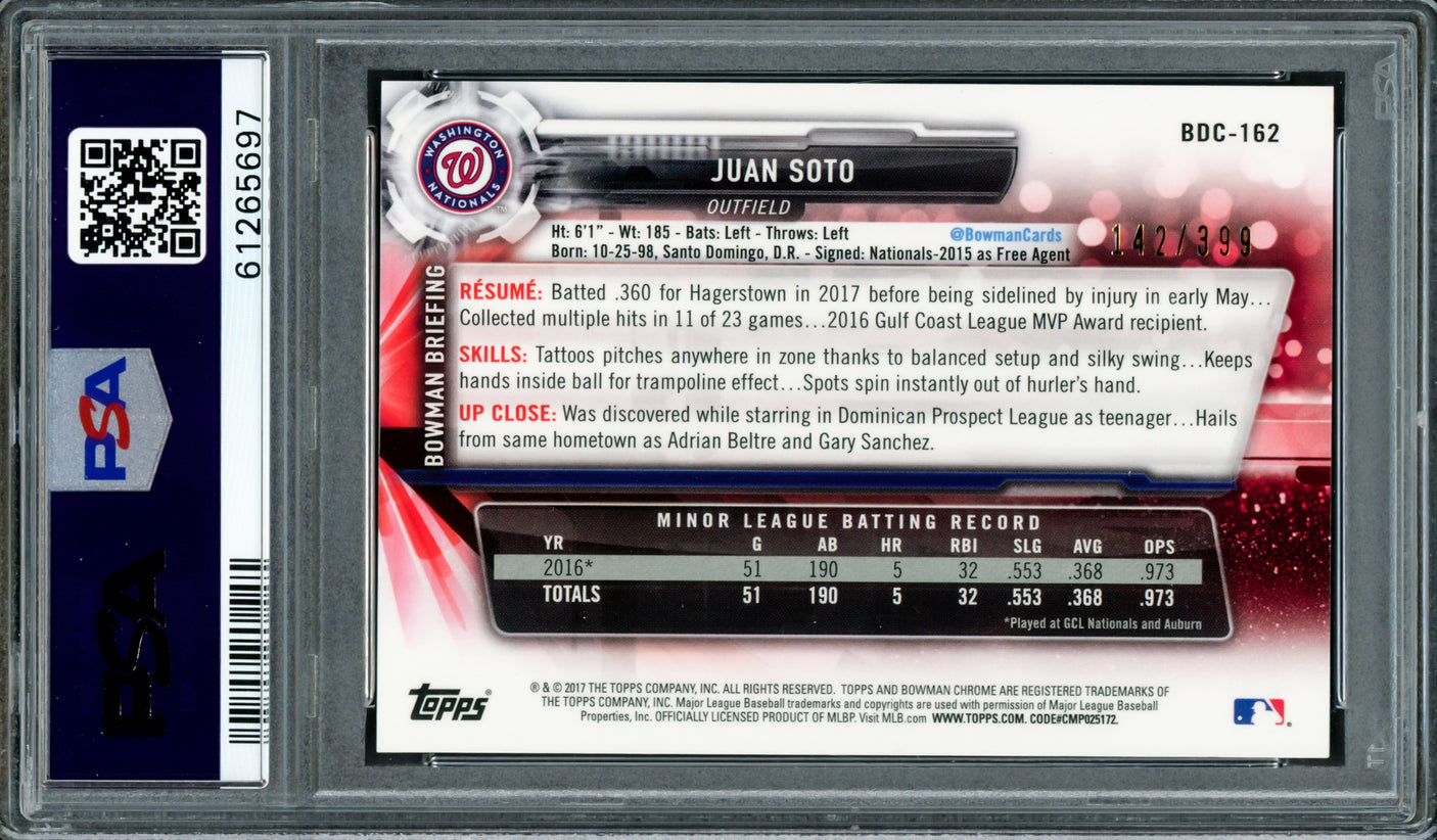 Juan Soto Autographed 2017 Bowman Draft Chrome Sky Blue Refractor Rookie Card #BDC162 New York Mets PSA 9 #142/399 PSA/DNA #61265697