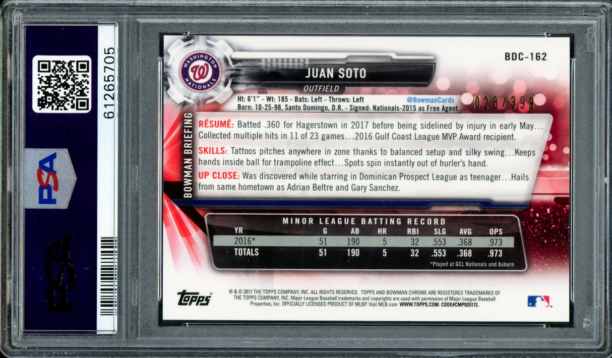 Juan Soto Autographed 2017 Bowman Draft Chrome Sky Blue Refractor Rookie Card #BDC162 New York Mets PSA 8 #28/399 PSA/DNA #61265705