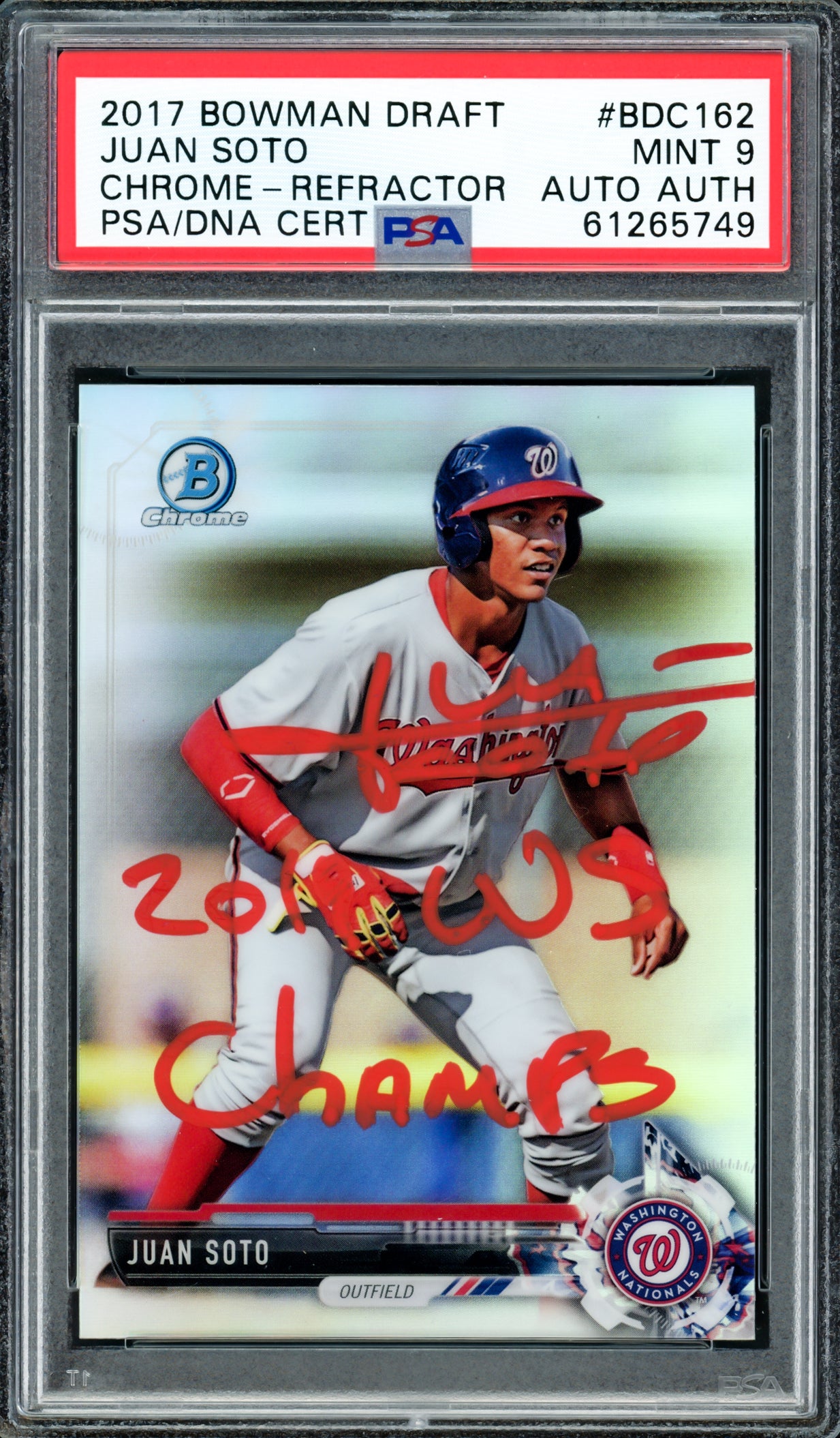 Juan Soto Autographed 2017 Bowman Draft Chrome Refractor Rookie Card #BDC162 New York Mets PSA 9 "2019 WS Champs" PSA/DNA #61265749