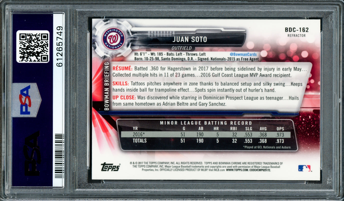 Juan Soto Autographed 2017 Bowman Draft Chrome Refractor Rookie Card #BDC162 New York Mets PSA 9 "2019 WS Champs" PSA/DNA #61265749