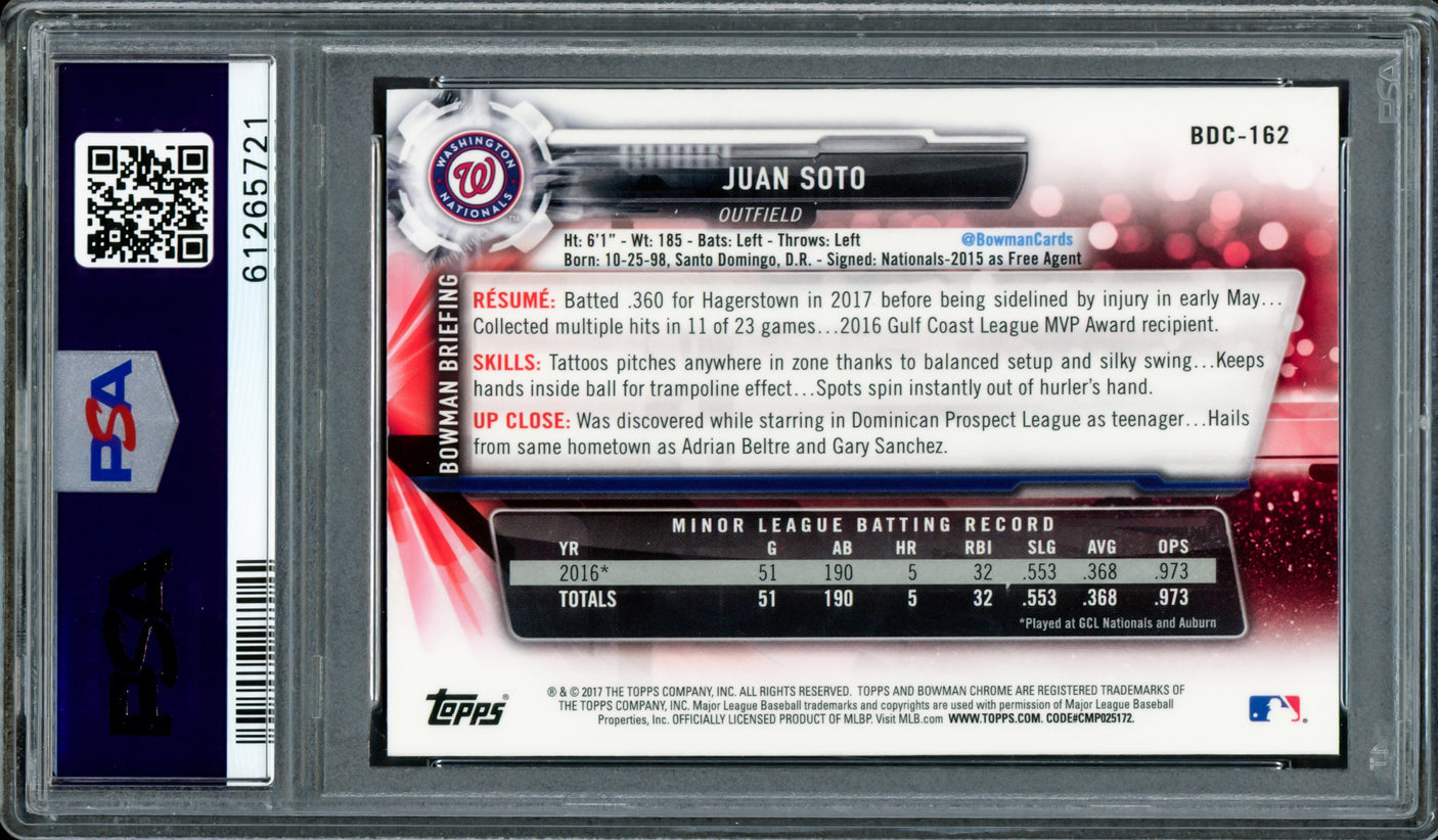 Juan Soto Autographed 2017 Bowman Draft Chrome Rookie Card #BDC162 New York Mets PSA 10 "2019 WS Champs" PSA/DNA #61265721
