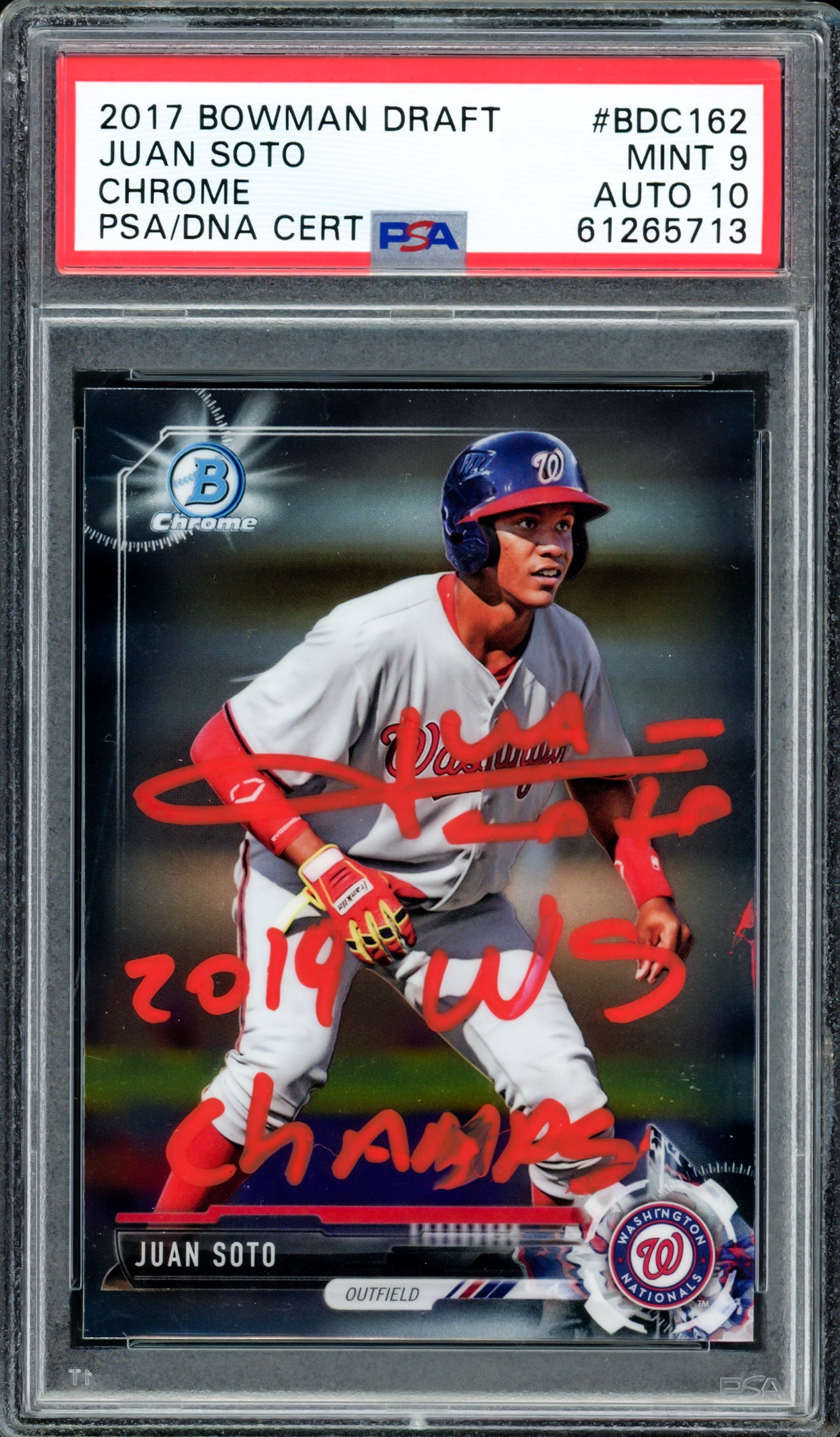 Juan Soto Autographed 2017 Bowman Draft Chrome Rookie Card #BDC162 New York Mets PSA 9 Auto Grade Gem Mint 10 "2019 WS Champs" PSA/DNA #61265713