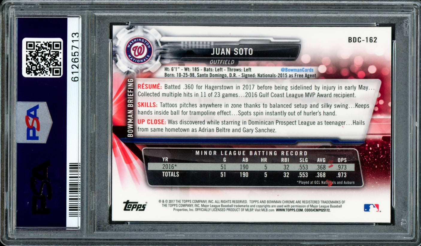 Juan Soto Autographed 2017 Bowman Draft Chrome Rookie Card #BDC162 New York Mets PSA 9 Auto Grade Gem Mint 10 "2019 WS Champs" PSA/DNA #61265713