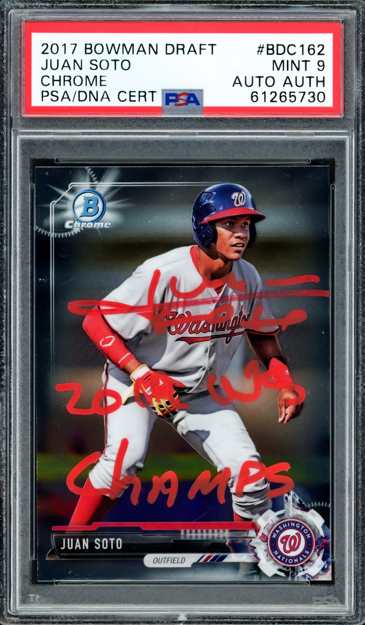 Juan Soto Autographed 2017 Bowman Draft Chrome Rookie Card #BDC162 New York Mets PSA 9 "2019 WS Champs" PSA/DNA #61265730