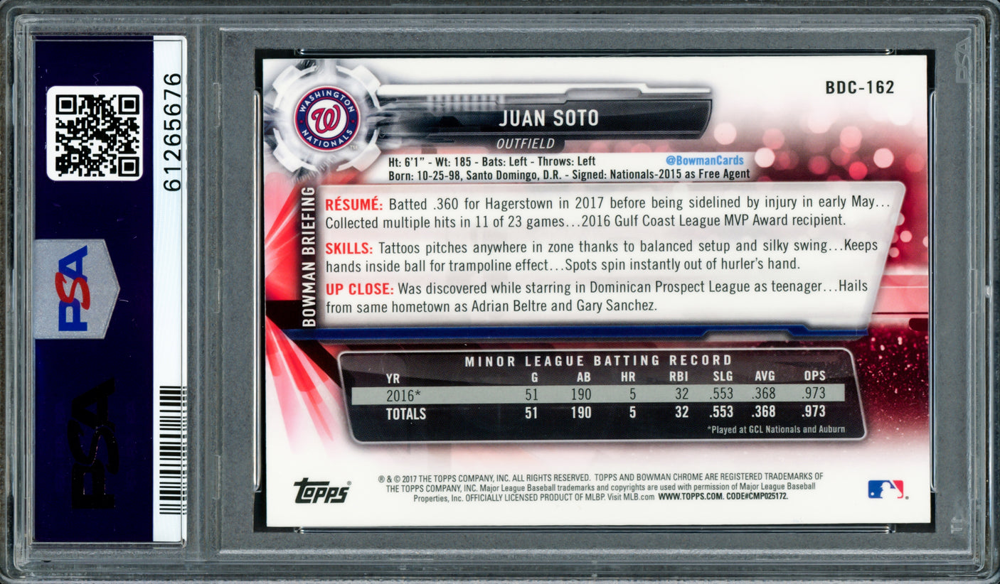 Juan Soto Autographed 2017 Bowman Draft Chrome Rookie Card #BDC162 New York Mets PSA 10 PSA/DNA #61265676