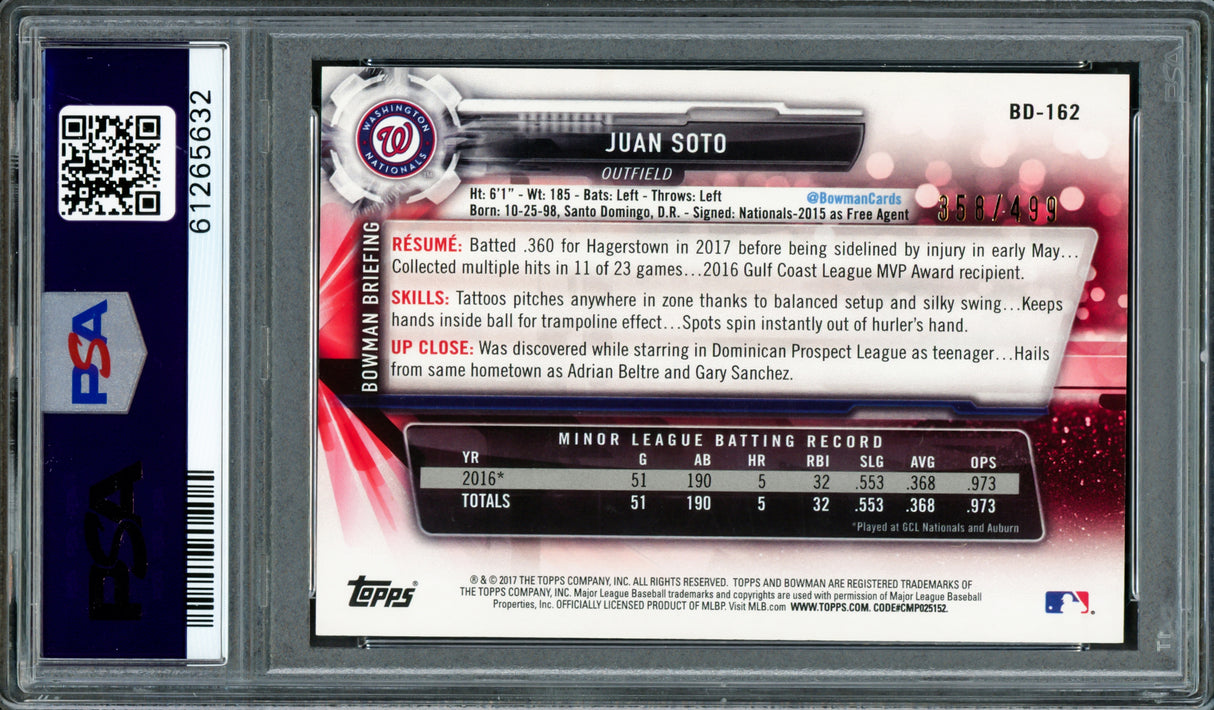 Juan Soto Autographed 2017 Bowman Draft Silver Rookie Card #BDC162 New York Mets PSA 10 #358/499 PSA/DNA #61265632