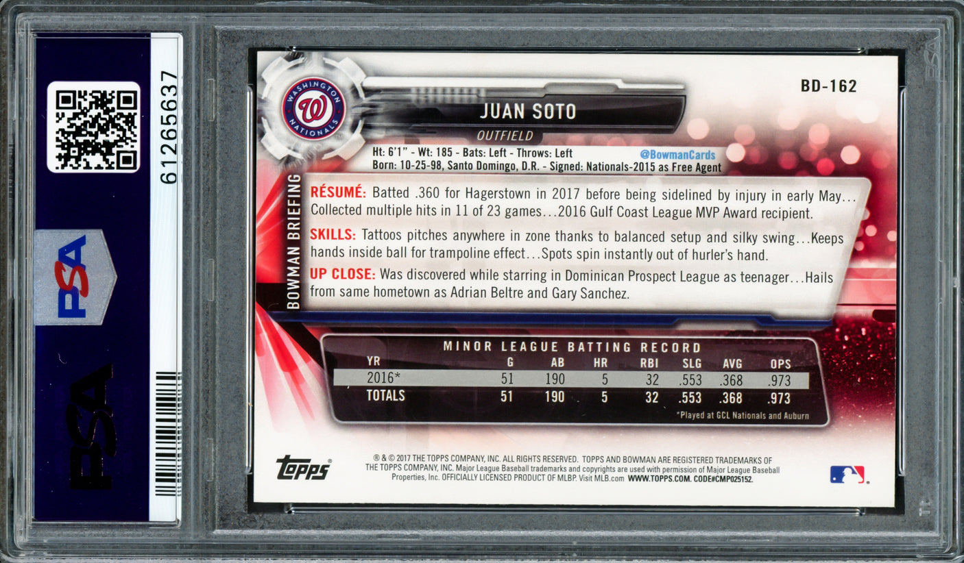 Juan Soto Autographed 2017 Bowman Draft Rookie Card #BDC162 New York Mets PSA 10 PSA/DNA #61265637