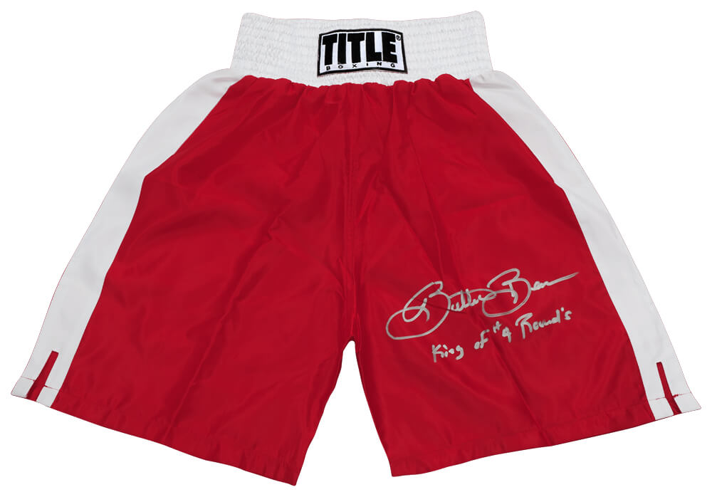 Eric 'Butterbean' Esch Signed Title Red & White Trim Boxing Trunks w/King of 4 Rounds