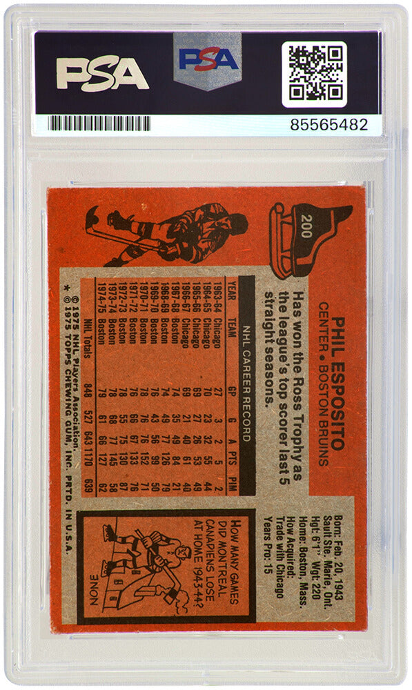Phil Esposito Signed Boston Bruins 1975 Topps Hockey Card #200 - (PSA Encapsulated)