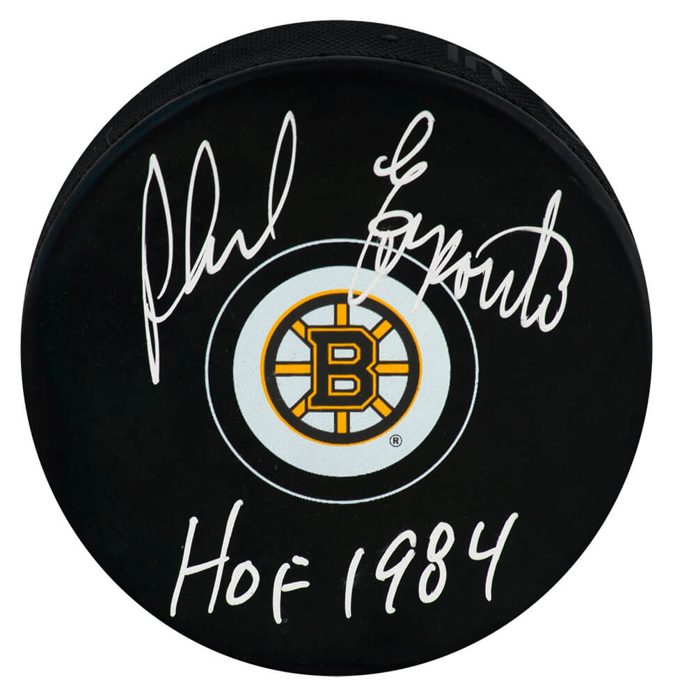 Phil Esposito Signed Boston Bruins Team Logo Hockey Puck w/HOF 1984
